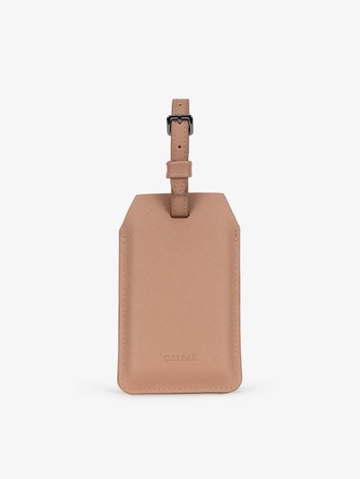 CALPAK Portable Luggage Tag + Charger with faux leather exterior in 
brown; APT2401-CARAMEL