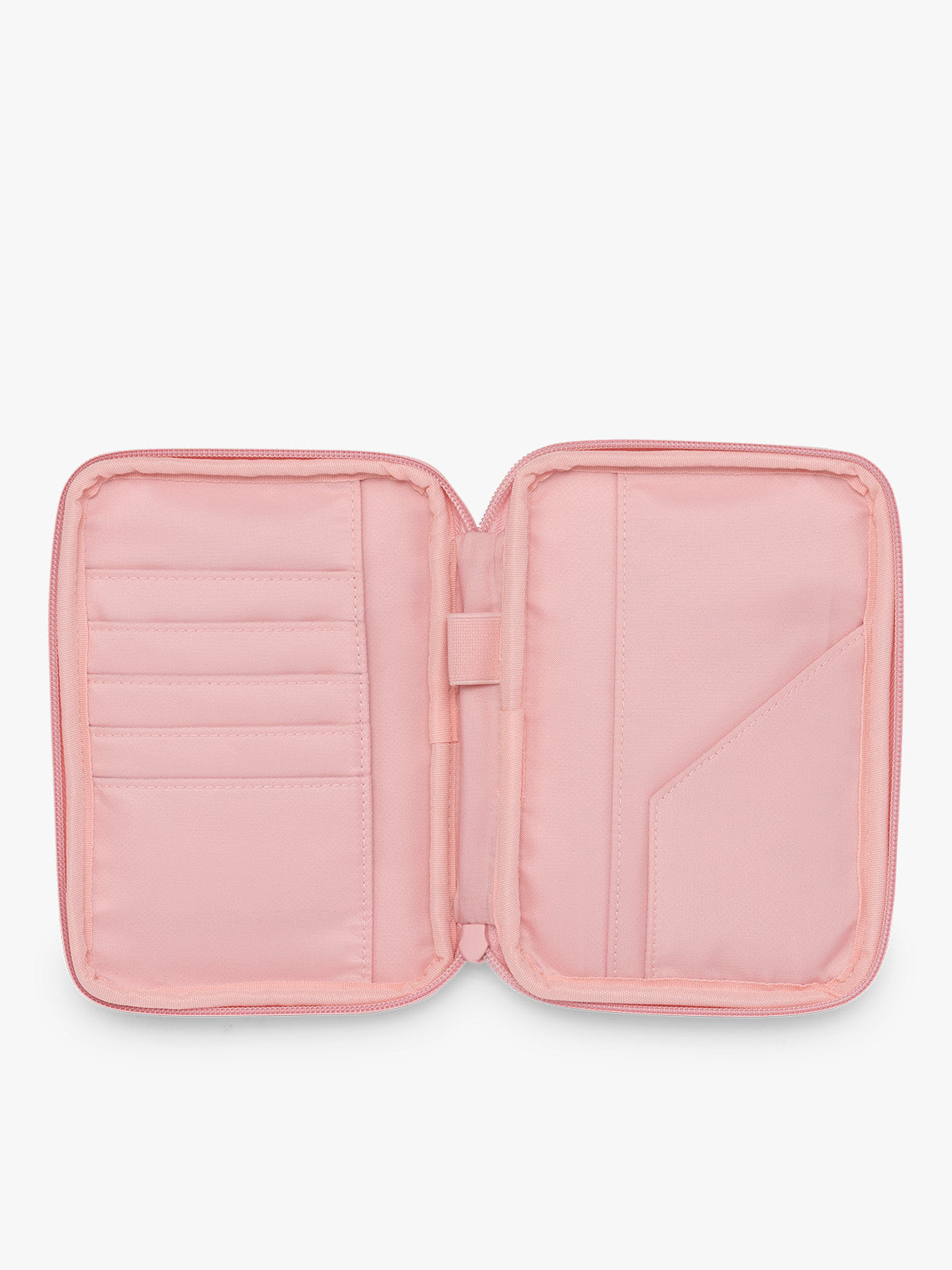 CALPAK Luka Zippered Passport Wallet in pink Blossom opened view; PZW2301-BLOSSOM