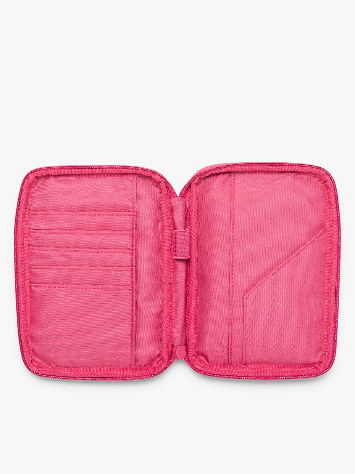 Opened interior of CALPAK Luka Zip Passport Wallet in bright pink Dragonfruit on a white background; PZW2301-DRAGONFRUIT