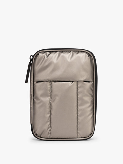 CALPAK Luka Zip Passport Wallet in metallic grey on a white background; PZW2301-GUNMETAL view 1