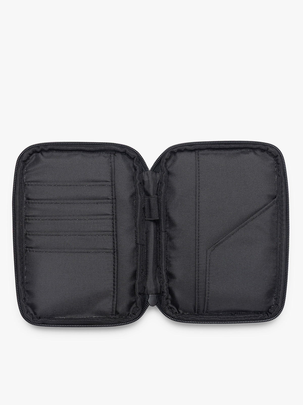  Opened interior of CALPAK Luka Zip Passport Wallet in metallic grey on a white background; PZW2301-GUNMETAL
