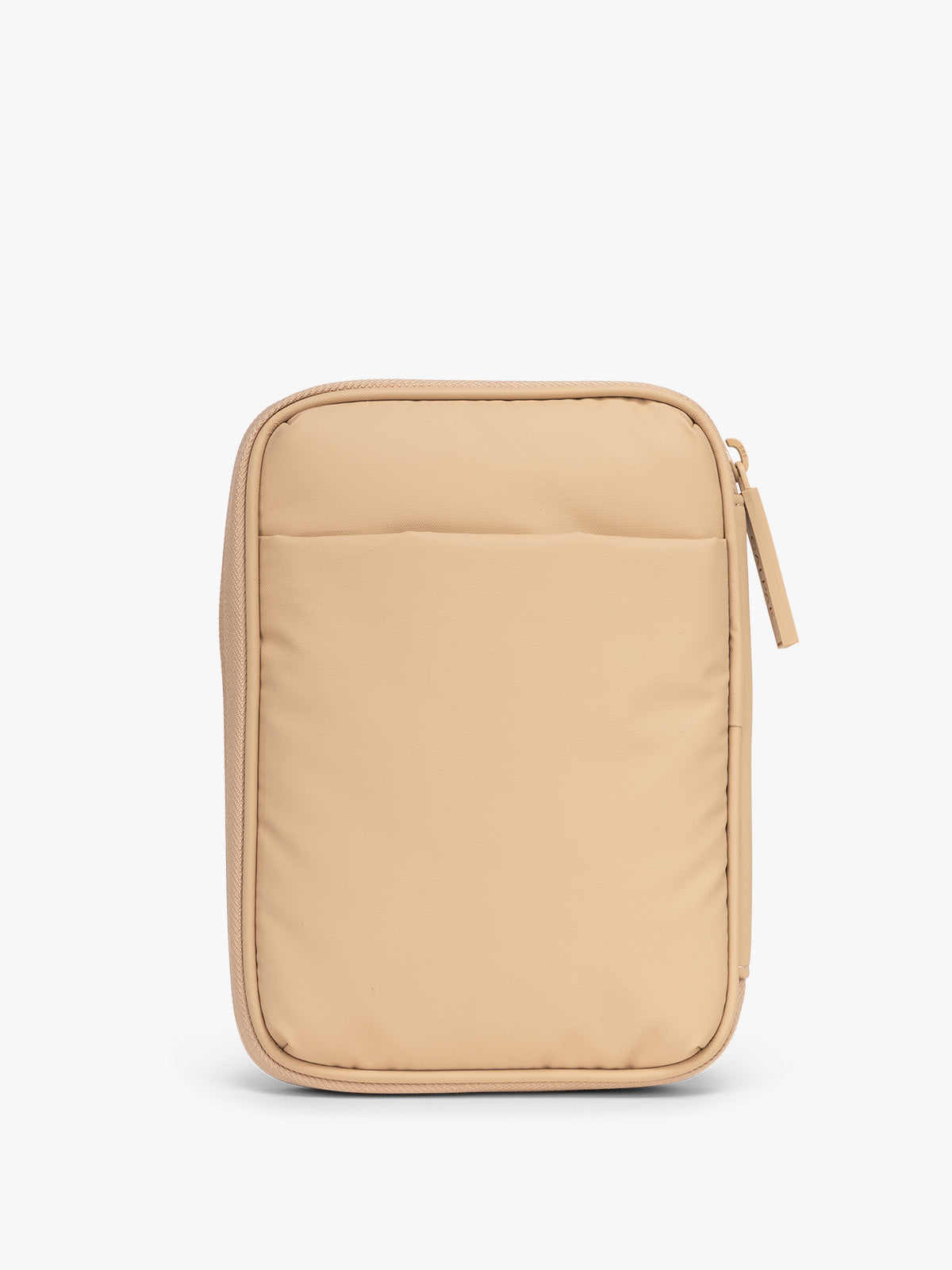 Back side with pocket of CALPAK Luka Zip Passport Wallet in beige Latte on a white background; PZW2301-LATTE