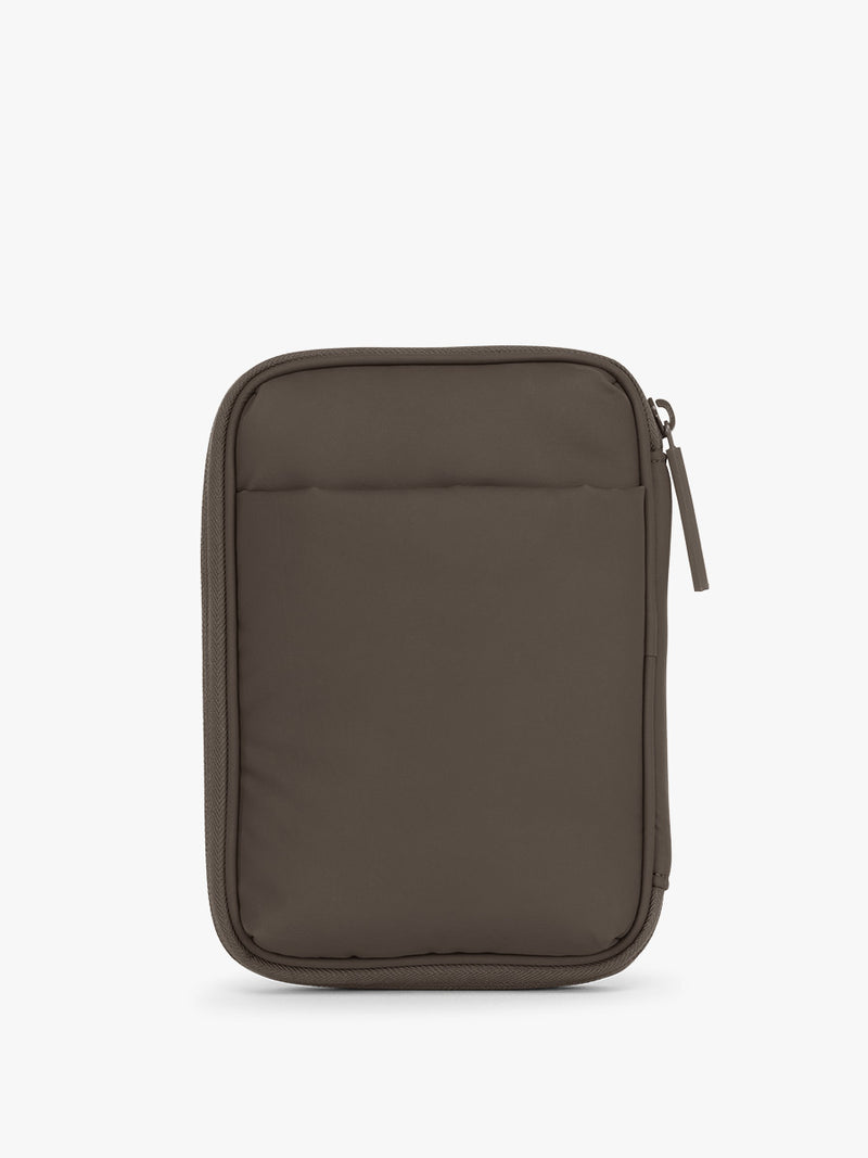 Back of CALPAK Luka Zip Passport Wallet in brown Mushroom
