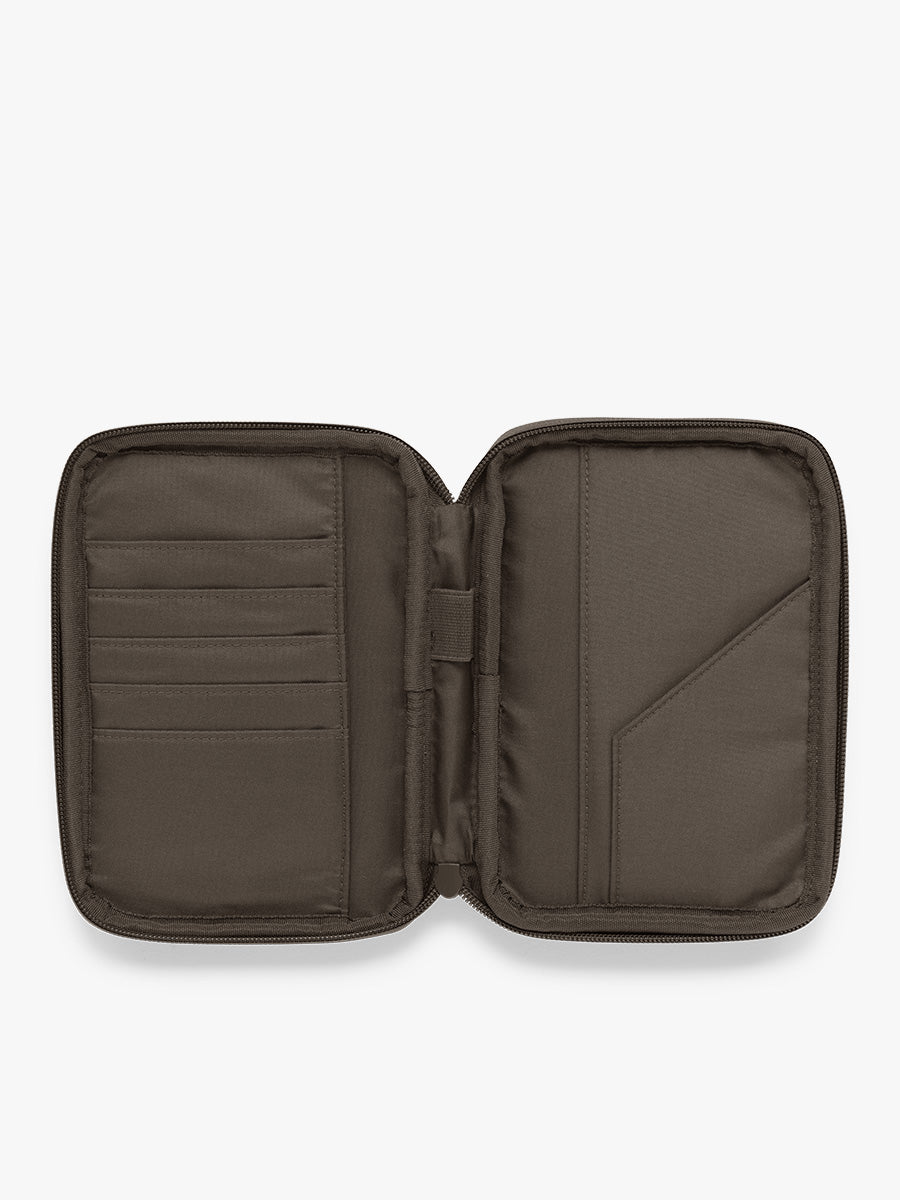 Opened CALPAK Luka Zip Passport Wallet in brown Mushroom; PZW2301-MUSHROOM