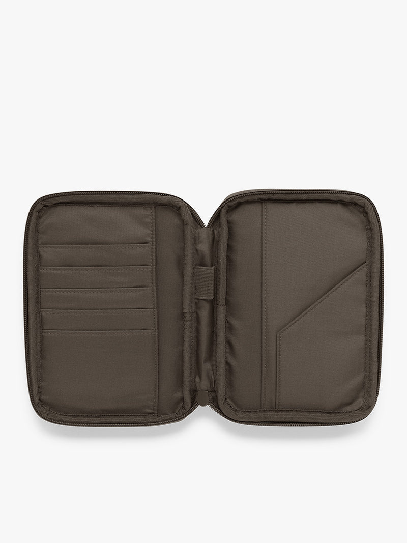 Opened CALPAK Luka Zip Passport Wallet in brown Mushroom