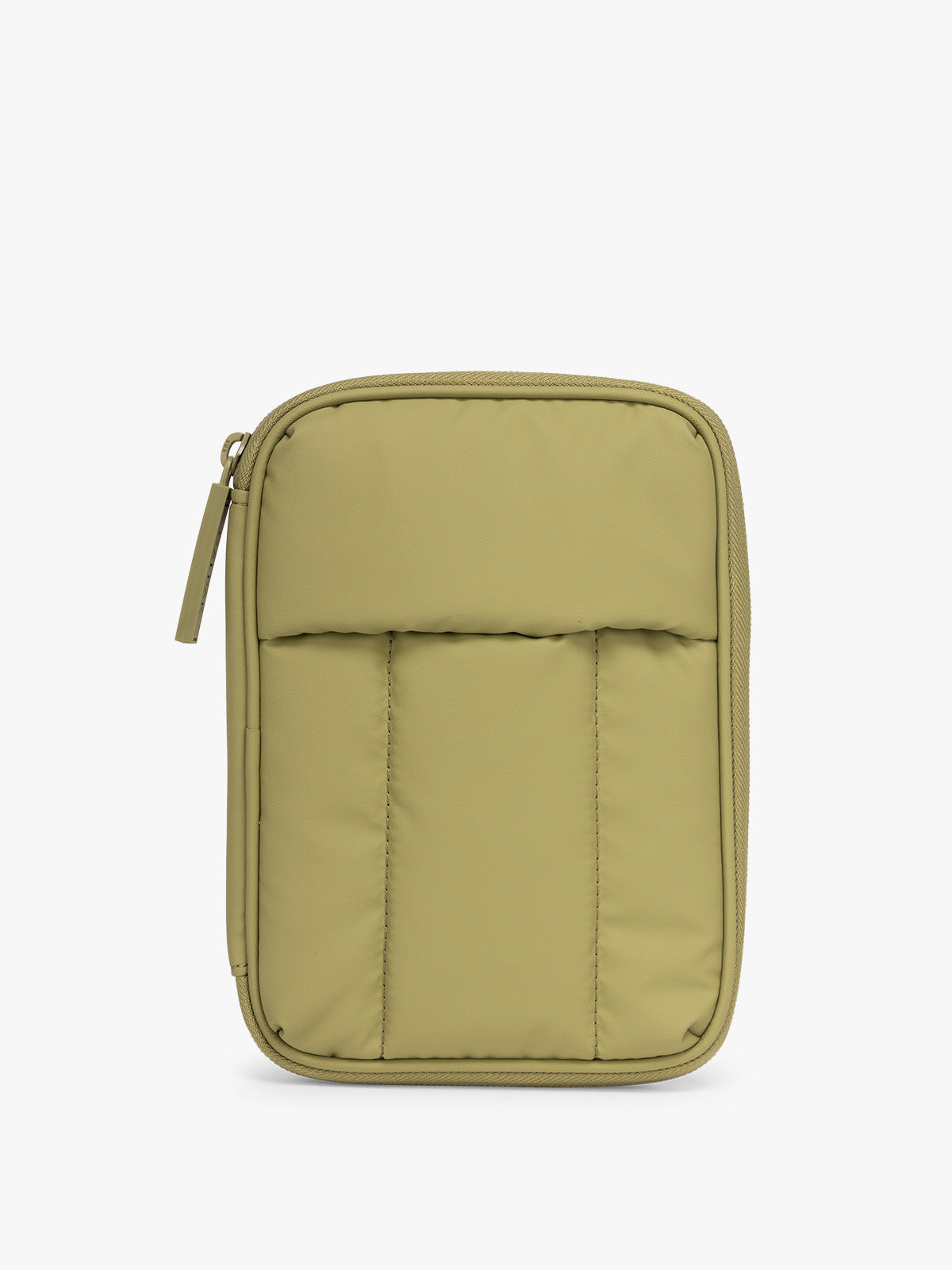 CALPAK Luka Zip Passport Wallet in dark green Pistachio on a white background; PZW2301-PISTACHIO