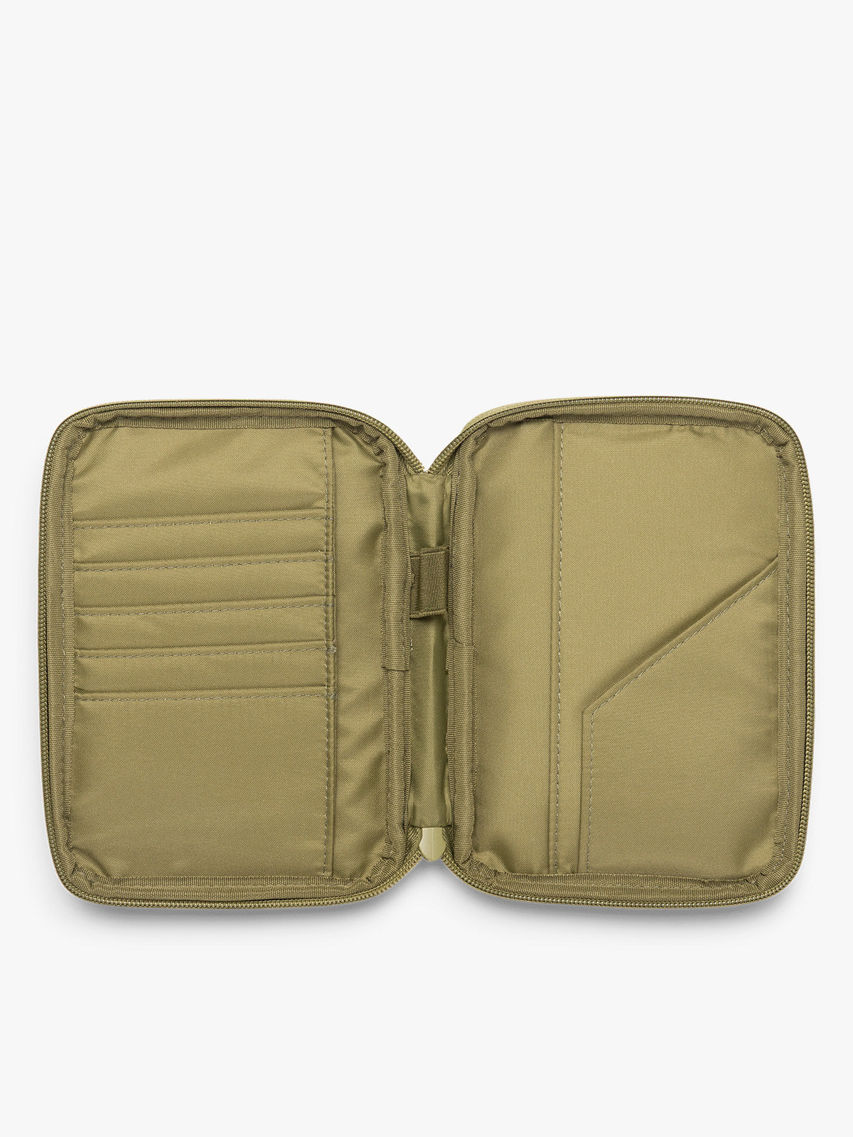 Opened interior of CALPAK Luka Zip Passport Wallet in dark green Pistachio on a white background; PZW2301-PISTACHIO