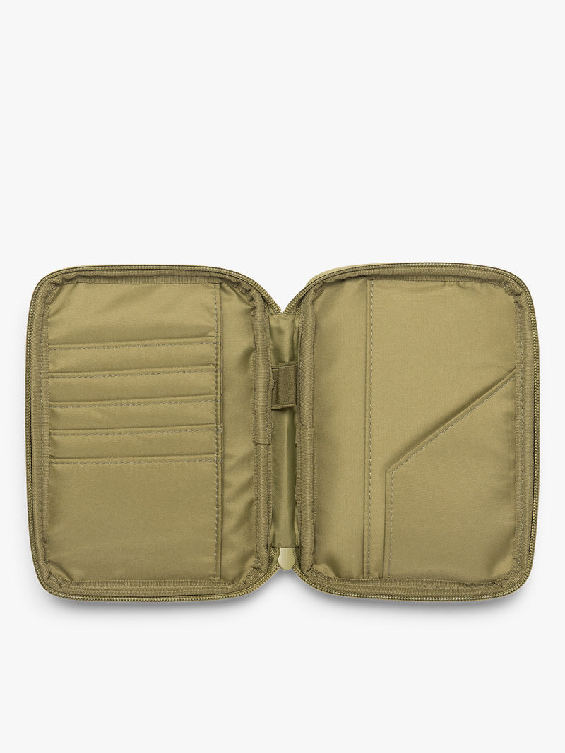 Opened interior of CALPAK Luka Zip Passport Wallet in dark green Pistachio on a white background