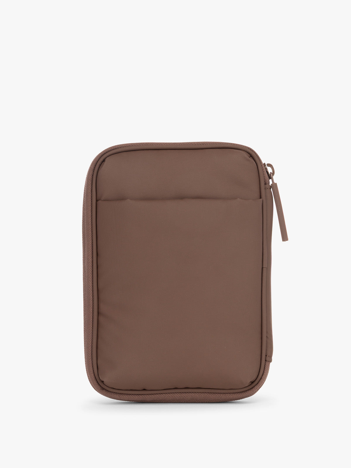 CALPAK Luka Zippered Passport Wallet in brown monochrome Walnut back view; PZW2301-WALNUT