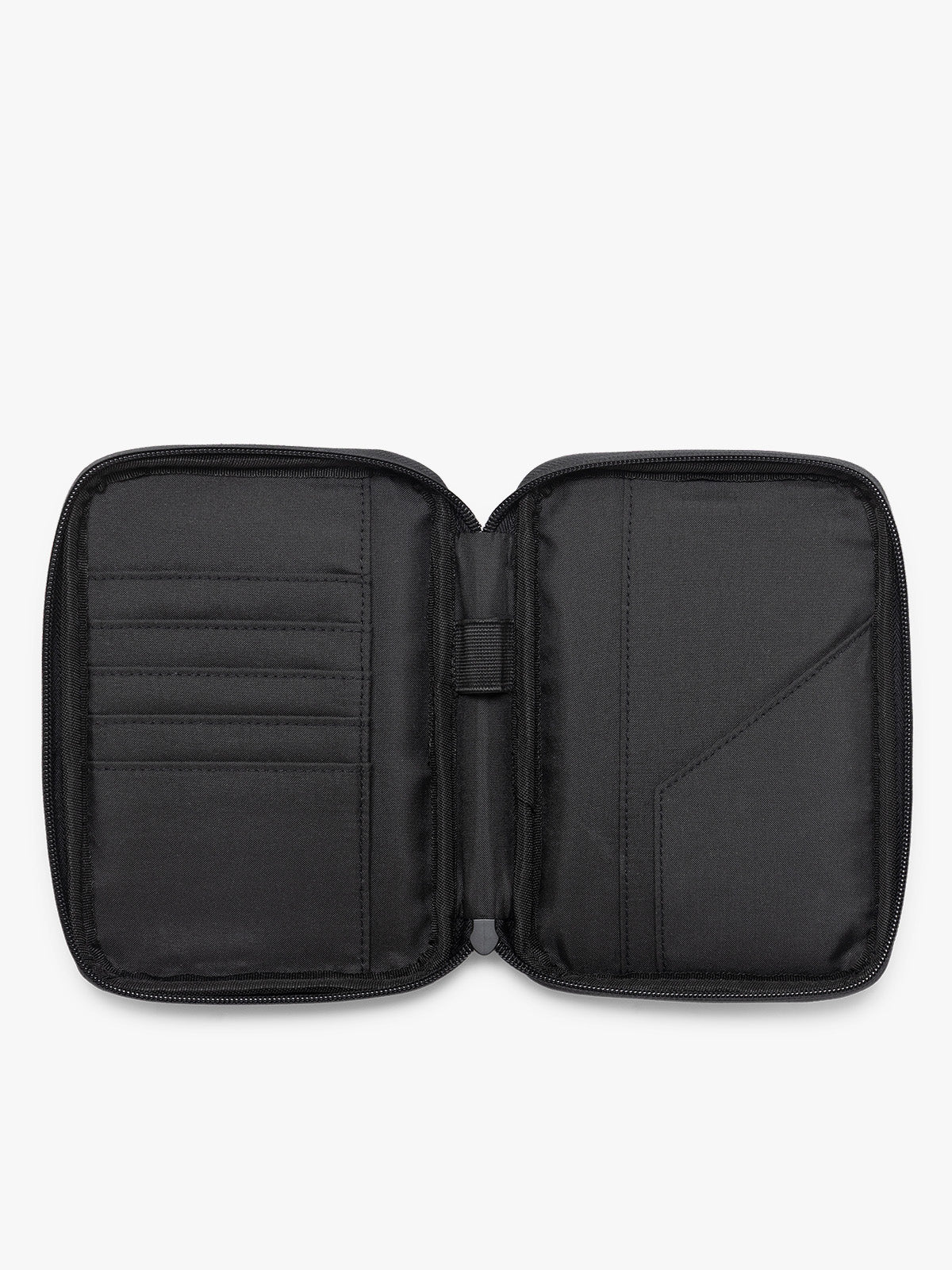 Opened view of CALPAK Luka Zippered Passport Wallet in Glazed Black; PZW2301-GLAZED-BLACK