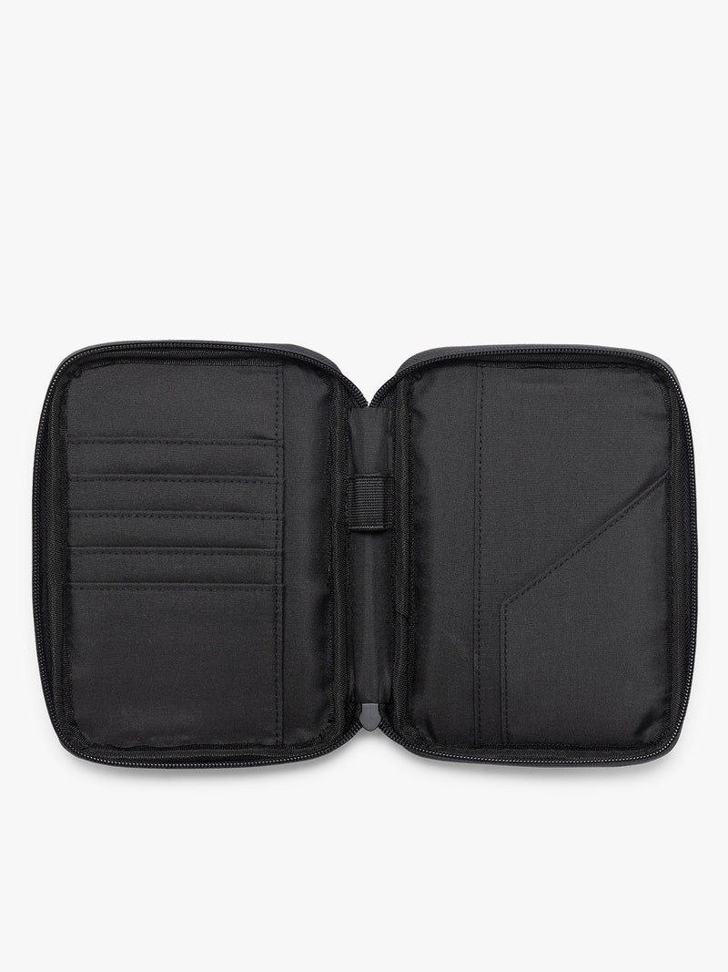 Opened view of CALPAK Luka Zippered Passport Wallet in Glazed Black