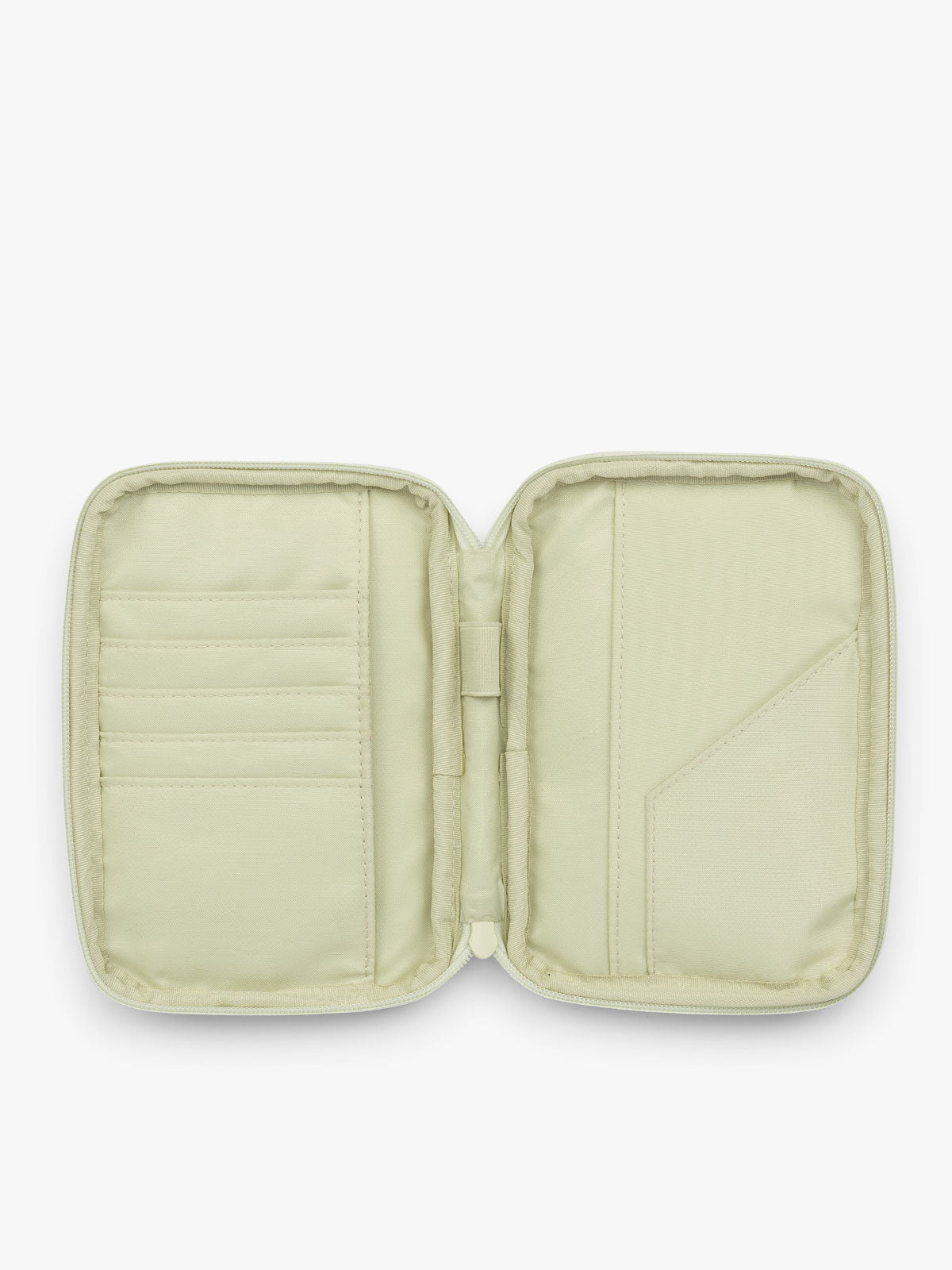 Opened CALPAK Luka Zip Passport Wallet in light green Celadon; PZW2301-CELADON