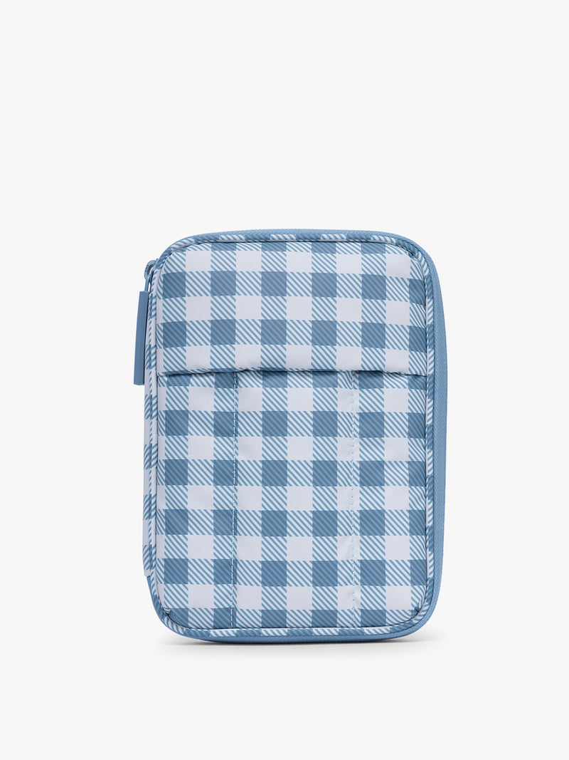 CALPAK Luka Zippered Passport Wallet in white and blue gingham print in French Blue Gingham