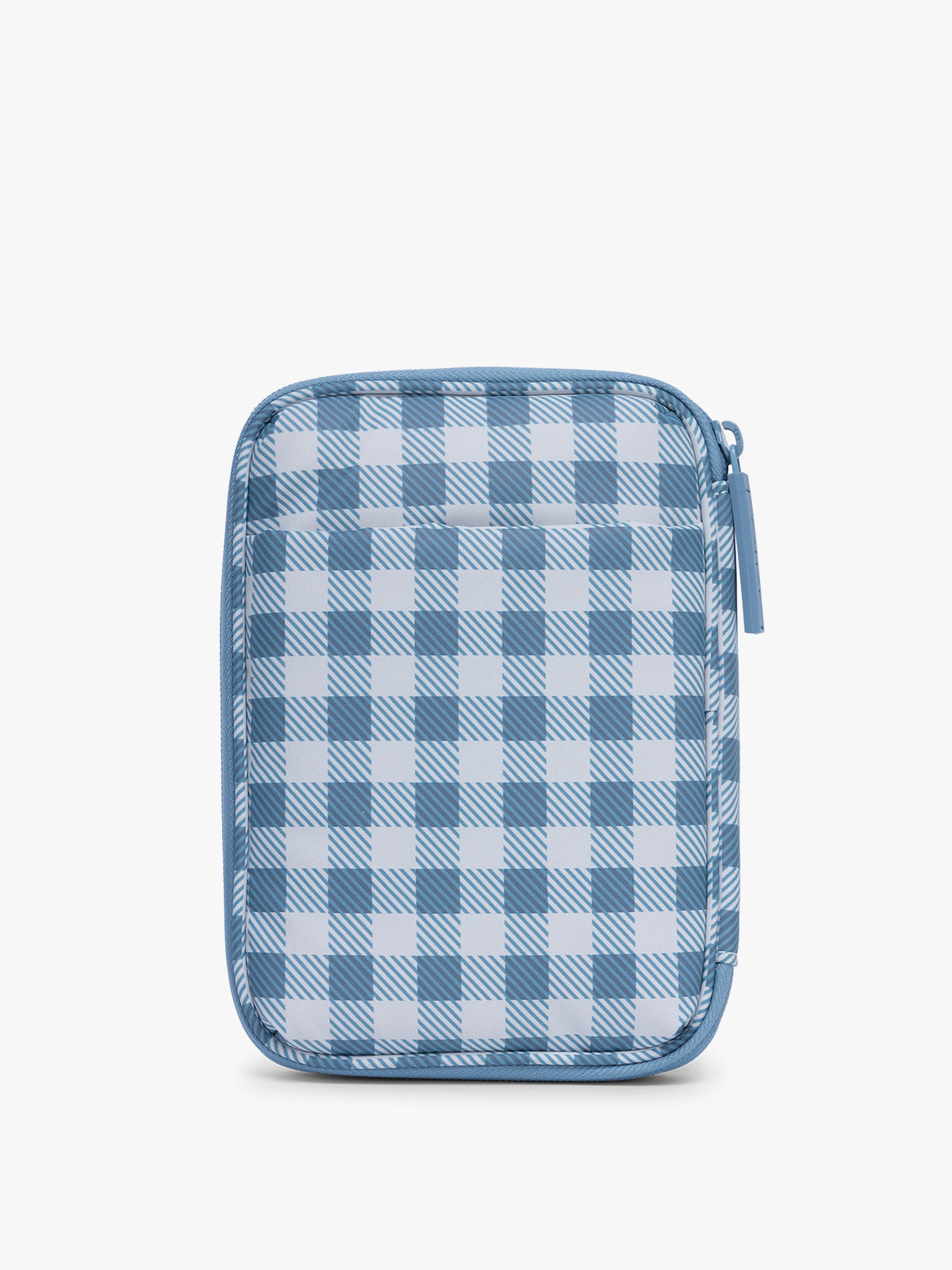 Backside of the CALPAK Luka Zippered Passport Wallet in white and blue gingham print in French Blue Gingham; PZW2301-FRENCH-BLUE-GINGHAM