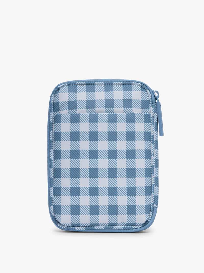Backside of the CALPAK Luka Zippered Passport Wallet in white and blue gingham print in French Blue Gingham