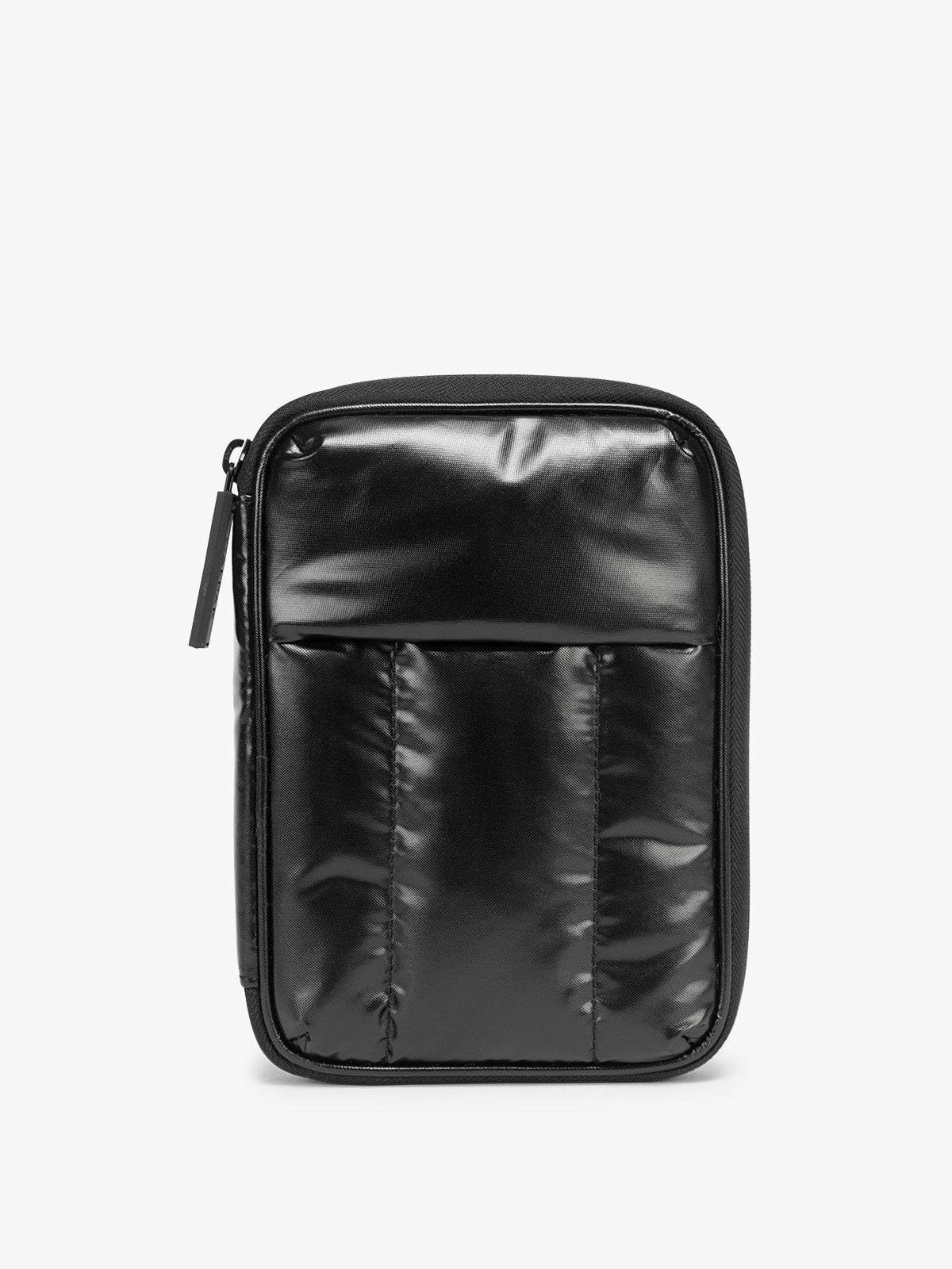 Front view of CALPAK Luka Zippered Passport Wallet in Glazed Black; PZW2301-GLAZED-BLACK
