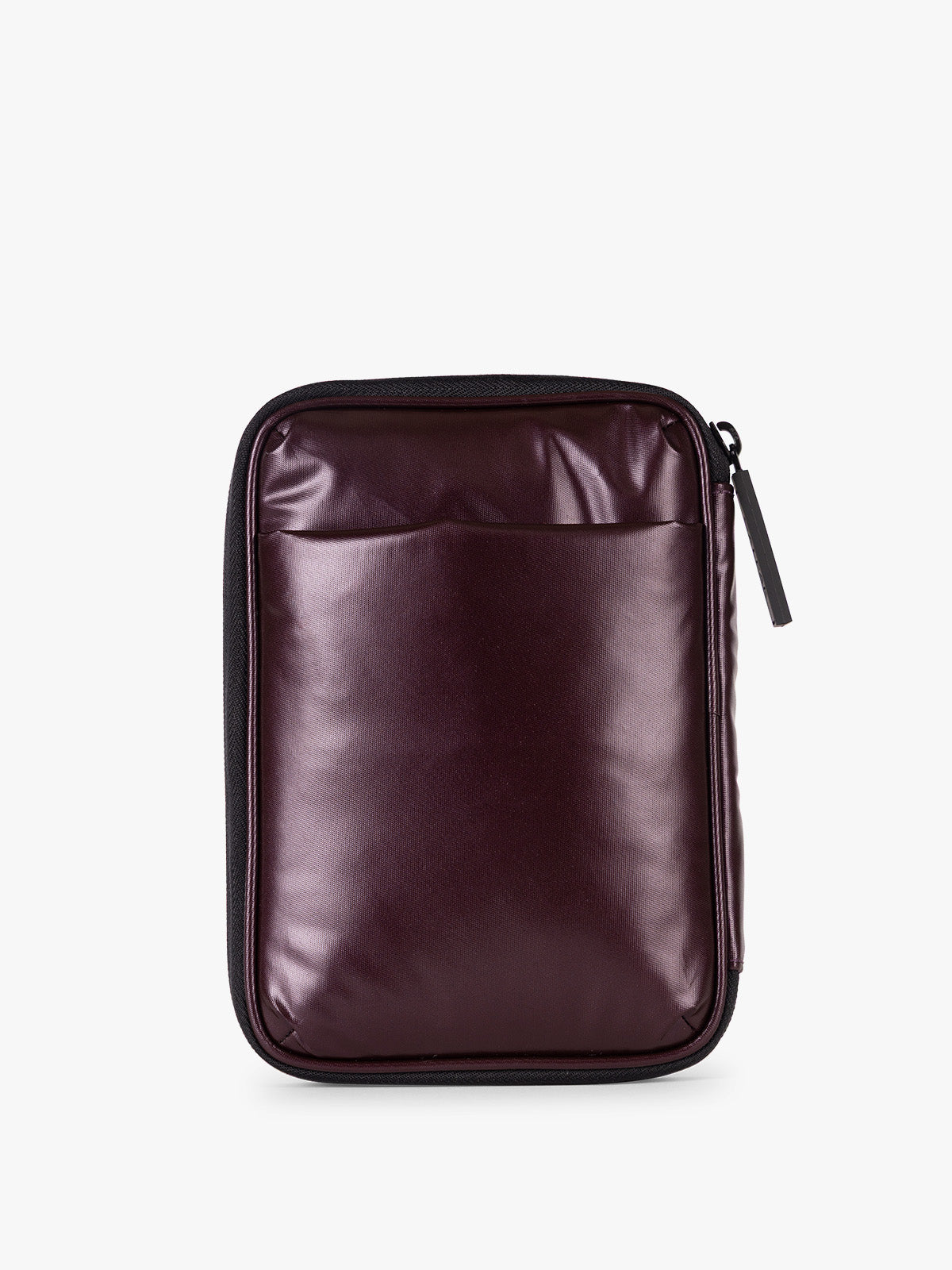 Back of CALPAK Luka Zippered Passport Wallet in maroon Glazed Dark Cherry; PZW2301-GLAZED-DARK-CHERRY