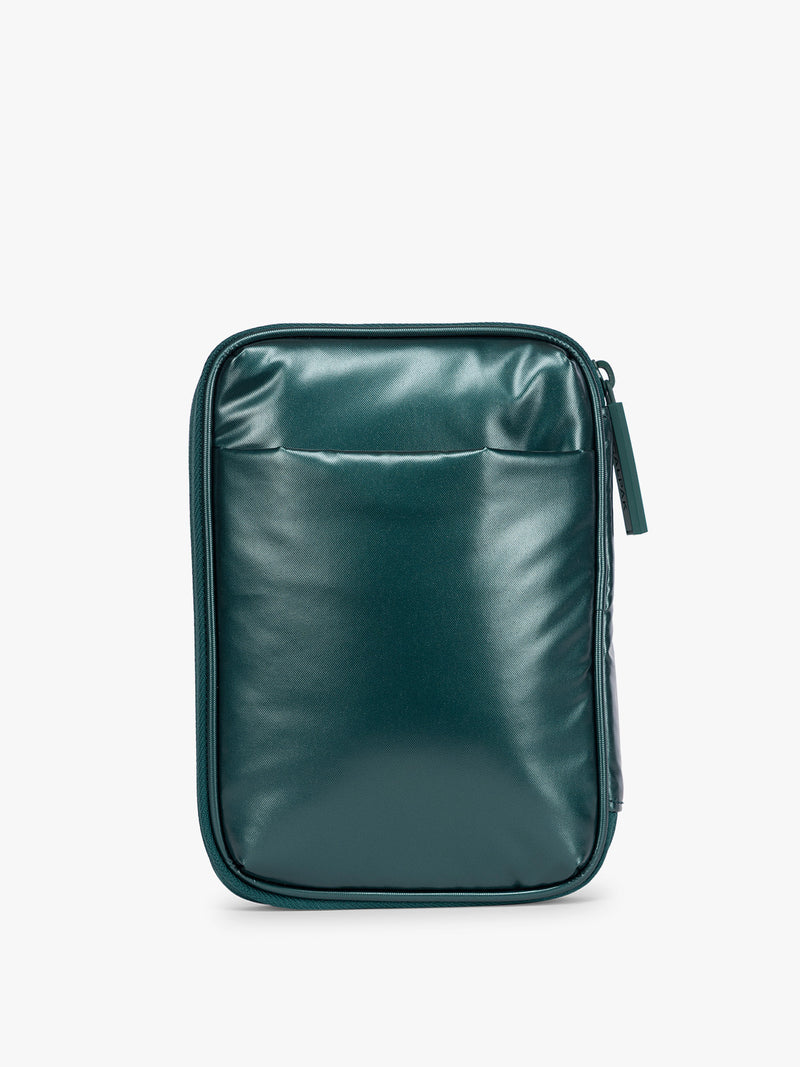 Back of CALPAK Luka Zip Passport Wallet in dark green shiny Glazed Kale