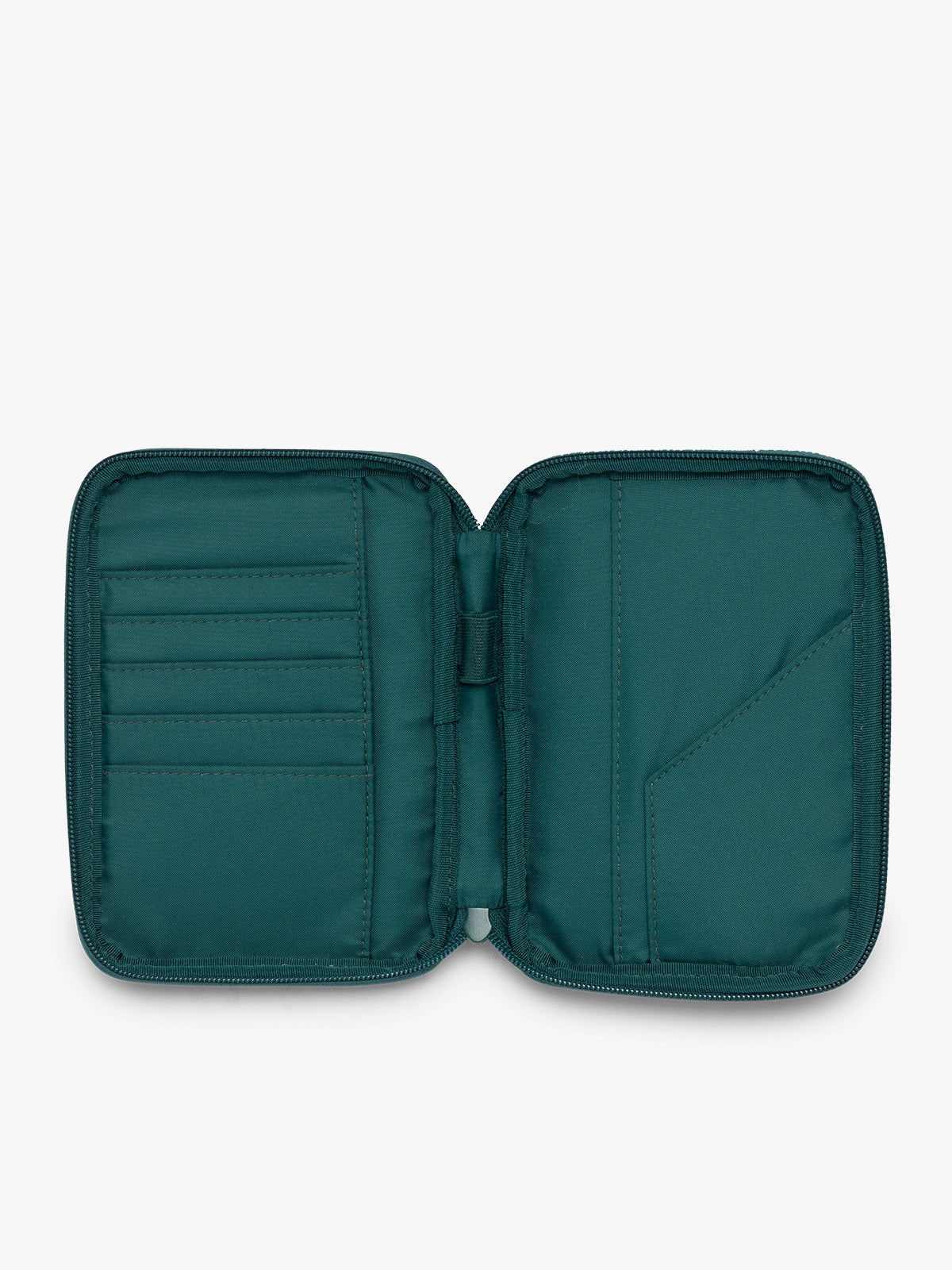 Opened CALPAK Luka Zip Passport Wallet in dark green shiny Glazed Kale; PZW2301-GLAZED-KALE