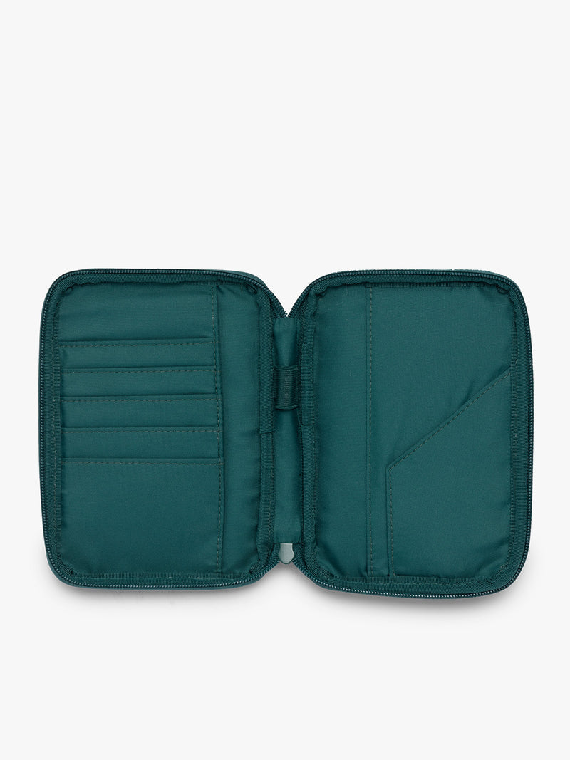 Opened CALPAK Luka Zip Passport Wallet in dark green shiny Glazed Kale