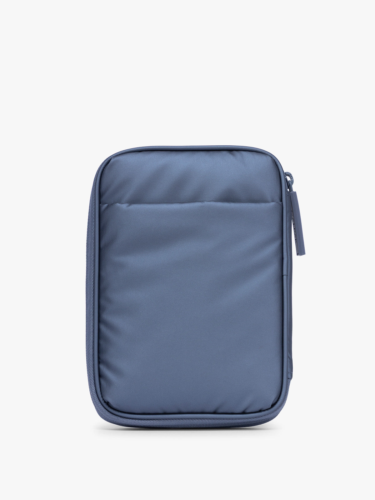 Backside of the CALPAK Luka Zippered Passport Wallet in dark blue metallic material in Metallic Indigo; PZW2301-METALLIC-INDIGO