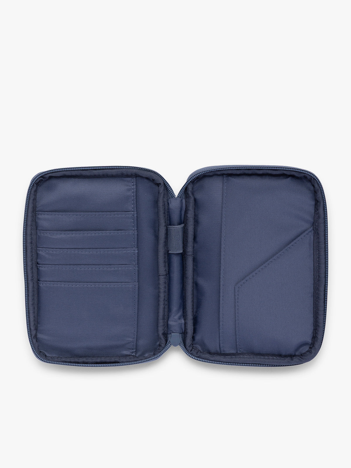 Opened view of CALPAK Luka Zippered Passport Wallet in dark blue metallic material in Metallic Indigo; PZW2301-METALLIC-INDIGO
