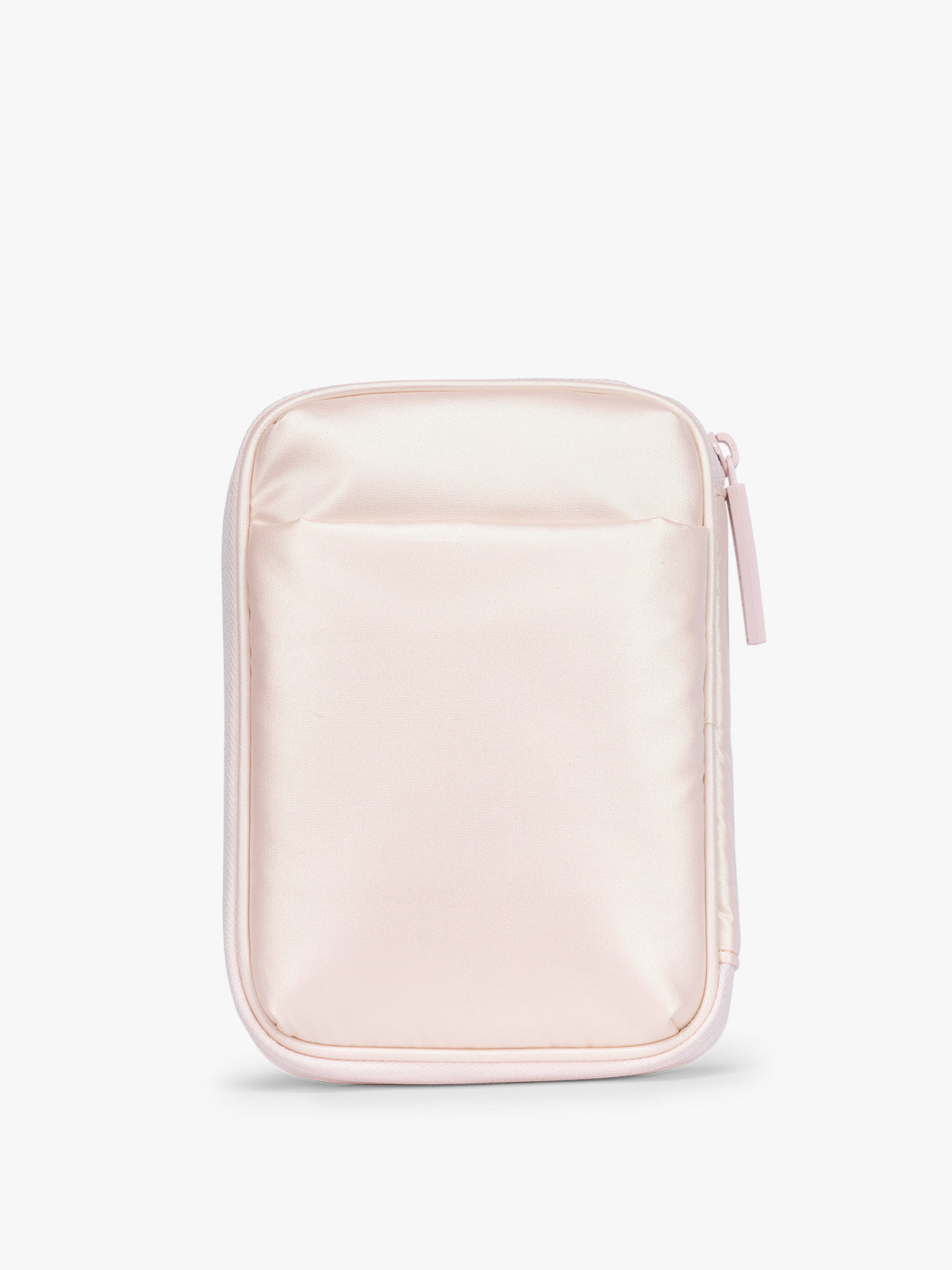 Back of CALPAK Luka Zip Passport Wallet in light pink shiny Pearlescent; PZW2301-PEARLESCENT