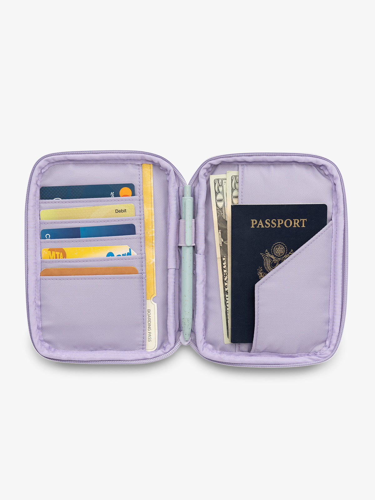 CALPAK Luka Passport Zippered Wallet opened and interior view in lavender purple Orchid; PZW2301-ORCHID
