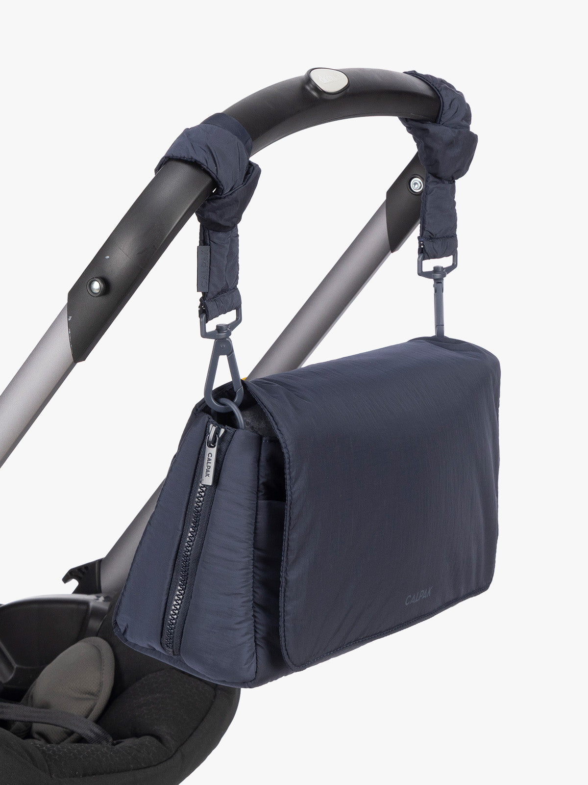 CALPAK Convertible Stroller Cady in blue Navy strapped to stroller; SCB2401-NAVY