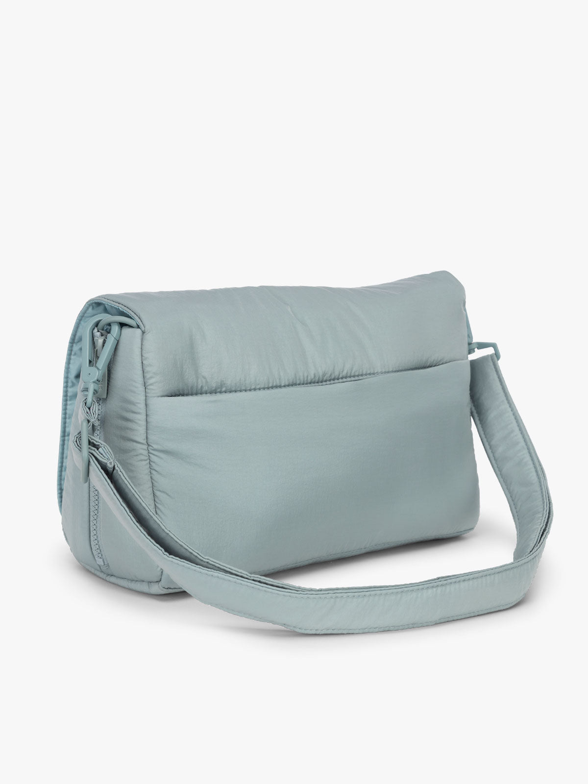 CALPAK Convertible Stroller Caddy Crossbody in light blue Bluebell backside with strap; SCB2401-BLUEBELL