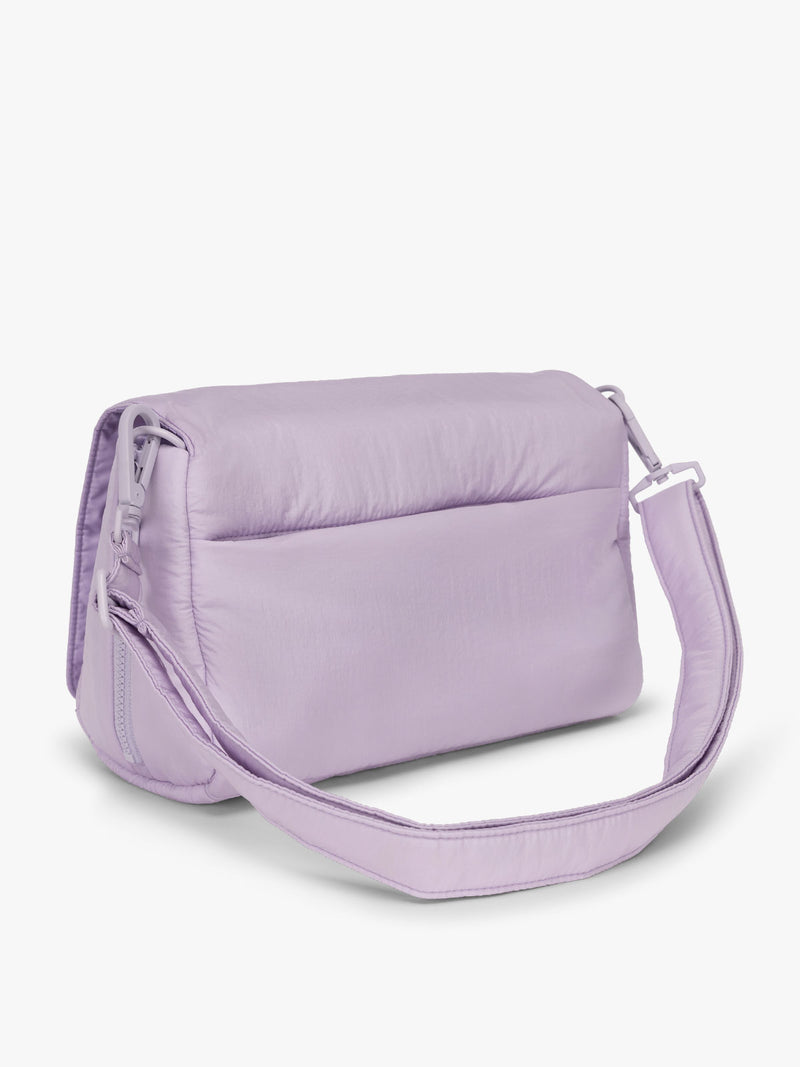 CALPAK Convertible Stroller Caddy Crossbody in lavender purple Orchid backside with strap