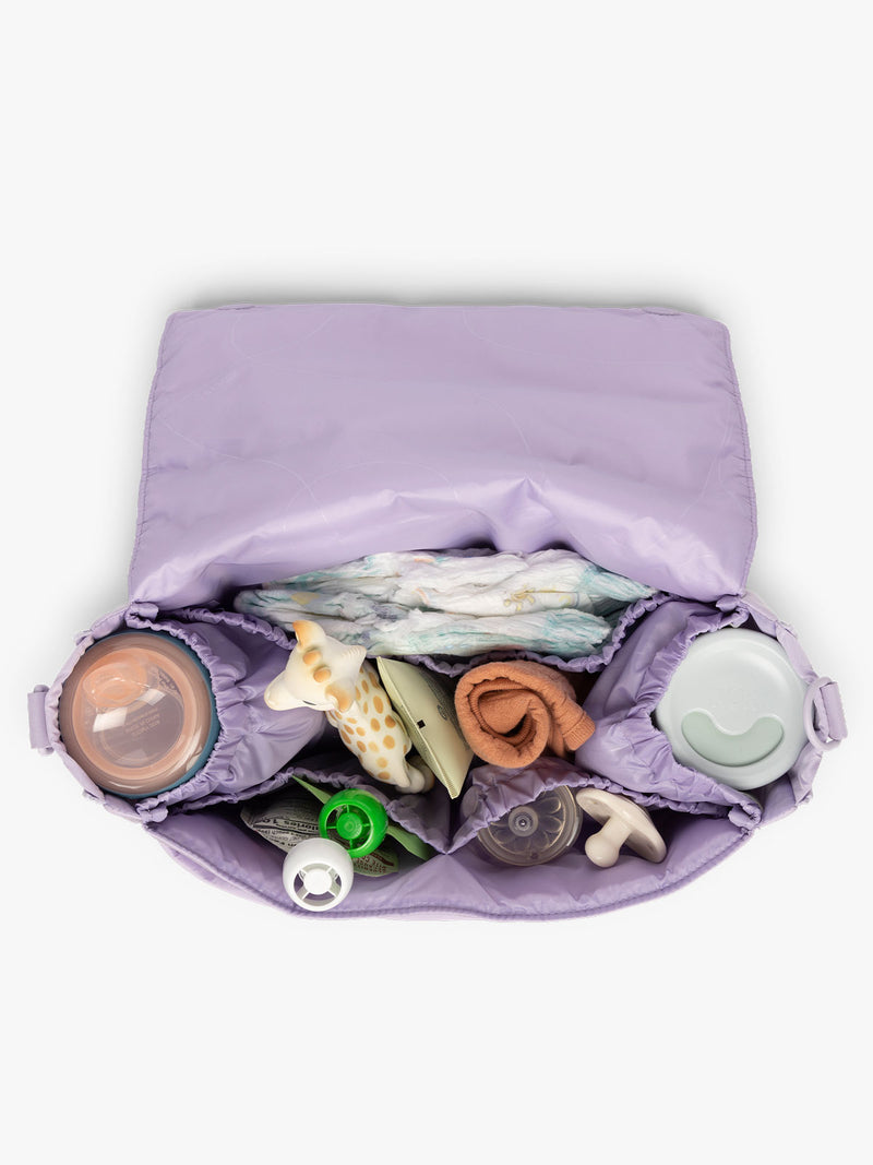 CALPAK Convertible Stroller Caddy Crossbody in lavender purple Orchid opened interior