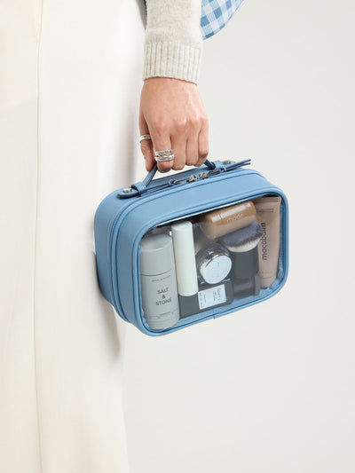 CALPAK Small Clear Cosmetic Case in light blue French Blue with white and light blue gingham interior;CCM2001-FRENCH-BLUE view 2