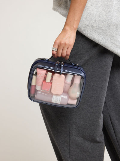 CALPAK Small Clear Cosmetic Case in dark blue Metallic Indigo with white and dark blue gingham interior ; CCM2001-METALLIC-INDIGO view 2