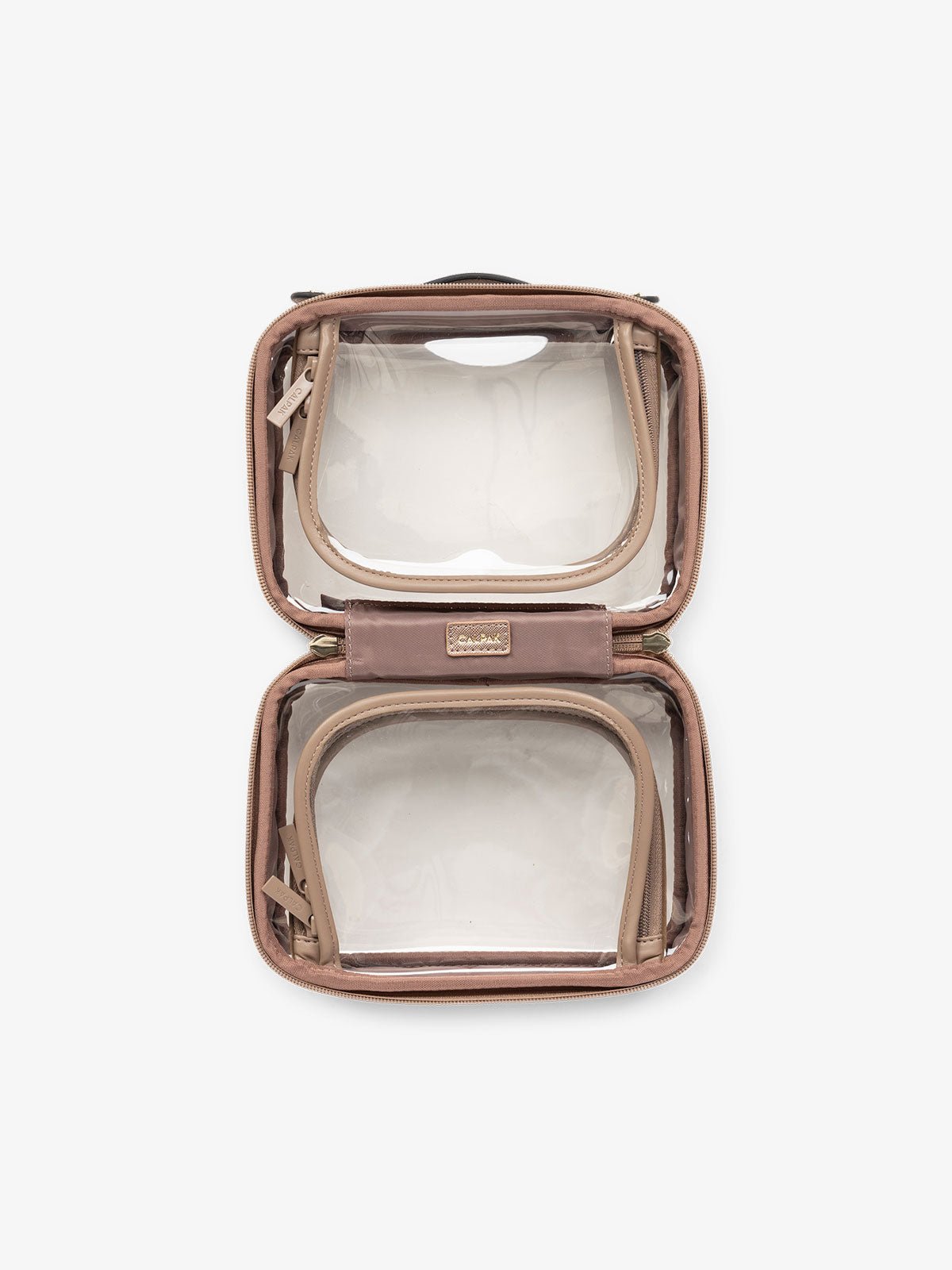 CALPAK small clear skincare bag with multiple zippered compartments in metallic brown bronze