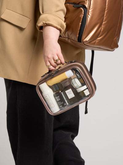 CALPAK small clear makeup bag with zippered compartments in metallic bronze; CCM2001-BRONZE view 2