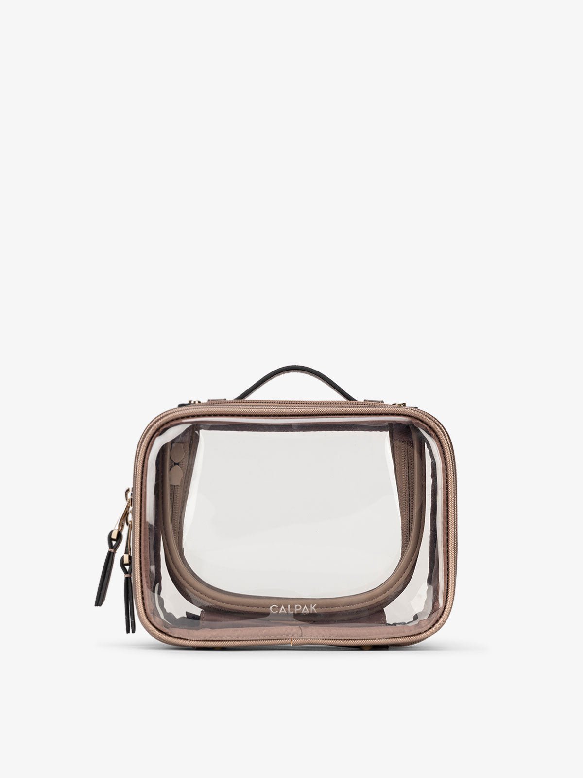 CALPAK small clear makeup bag with zippered compartments in metallic bronze