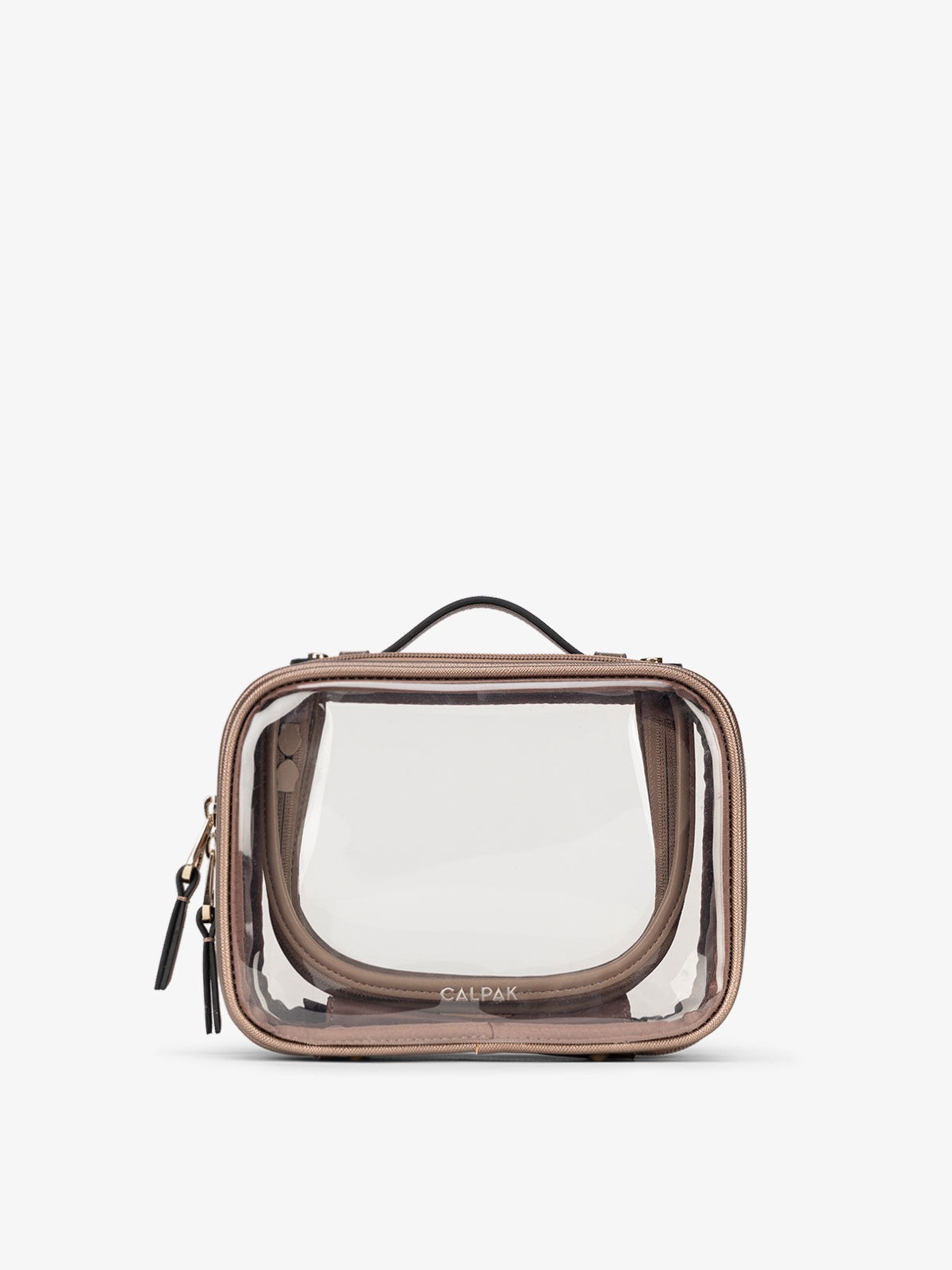 CALPAK small clear makeup bag with zippered compartments in metallic bronze; CCM2001-BRONZE