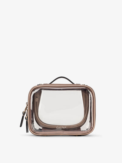 CALPAK small clear makeup bag with zippered compartments in metallic bronze; CCM2001-BRONZE view 1