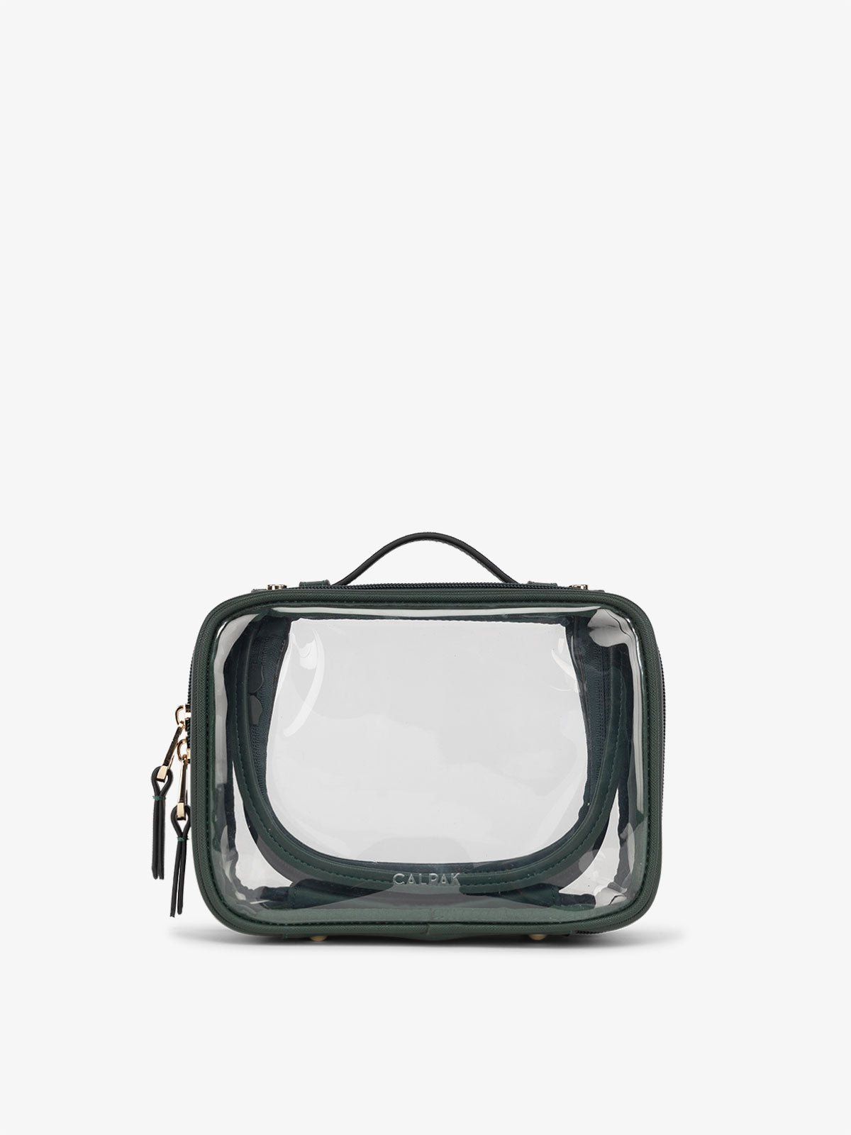 CALPAK small clear makeup bag with zippered compartments in green