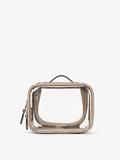 CALPAK small clear makeup bag with zippered compartments in metallic gold; CCM2001-GOLD view 1