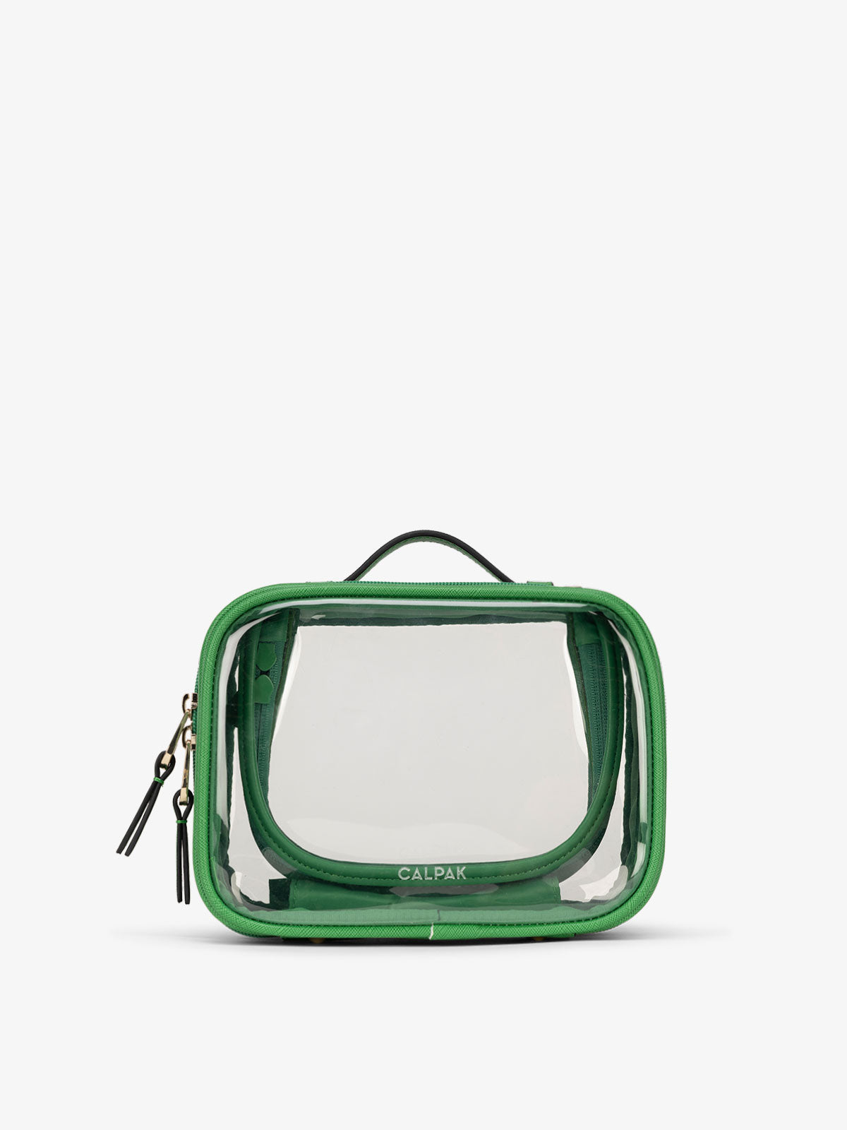 CALPAK small clear makeup bag with zippered compartments in green apple; CCM2001-GREEN-APPLE