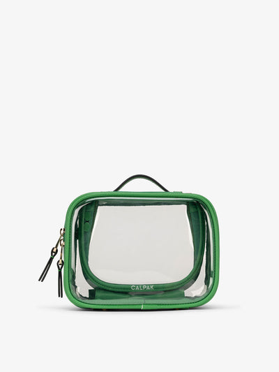 CALPAK small clear makeup bag with zippered compartments in green apple; CCM2001-GREEN-APPLE view 1