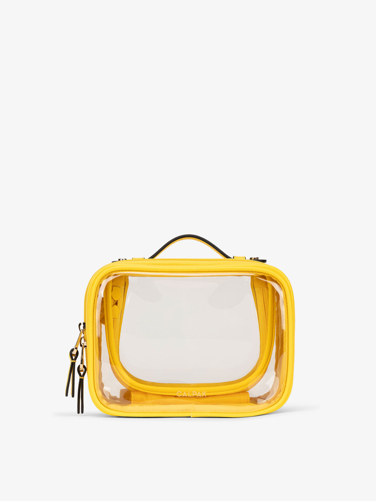 CALPAK small clear makeup bag with zippered compartments in yellow; CCM2001-LEMON