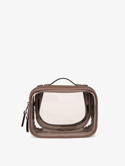 CALPAK small clear cosmetic case with handle in brown mocha; CCM2001-MOCHA view 1