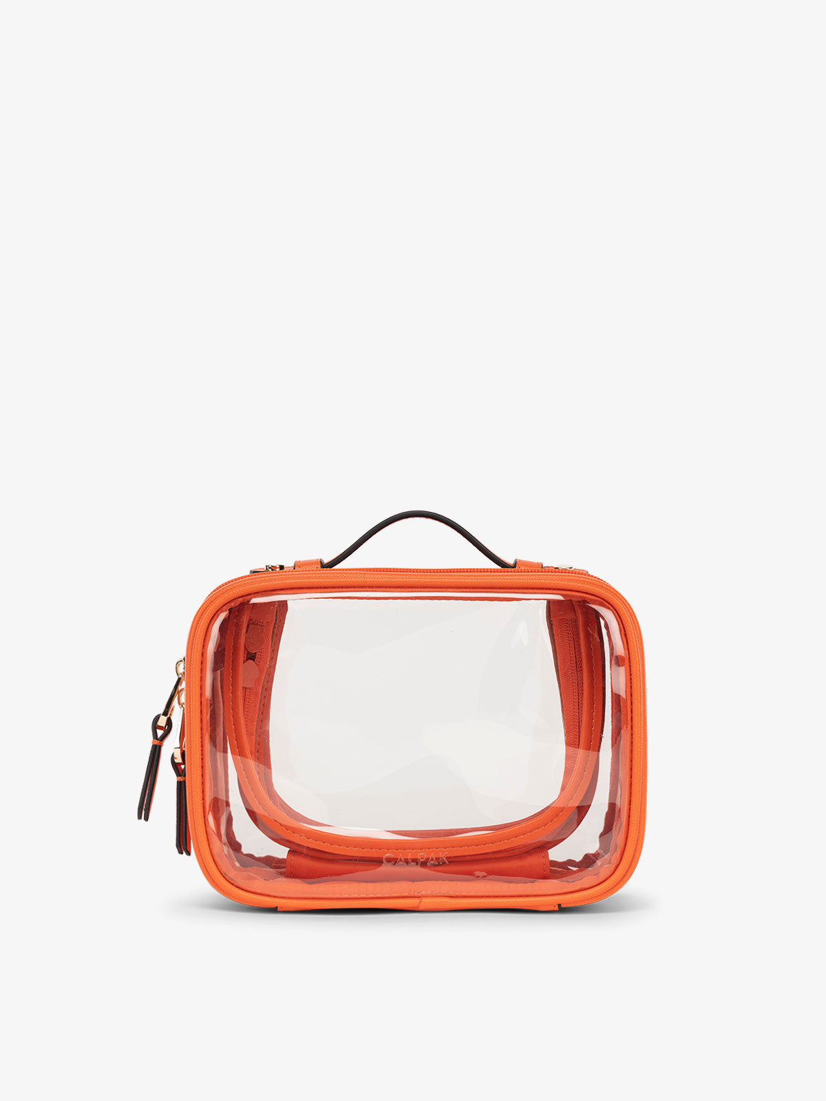CALPAK small clear makeup bag with zippered compartments in papaya; CCM2001-PAPAYA