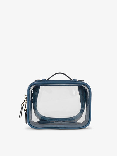 CALPAK small clear makeup bag with zippered compartments in dark blue; CCM2001-DEEP-SEA view 1