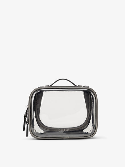 CALPAK small clear makeup bag with zippered compartments in metallic dark gray; CCM2001-STEEL view 1