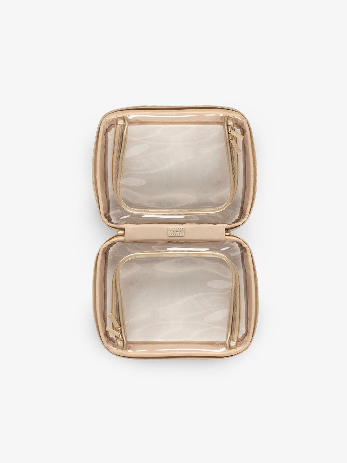 CALPAK small clear skincare bag with multiple zippered compartments in metallic gold