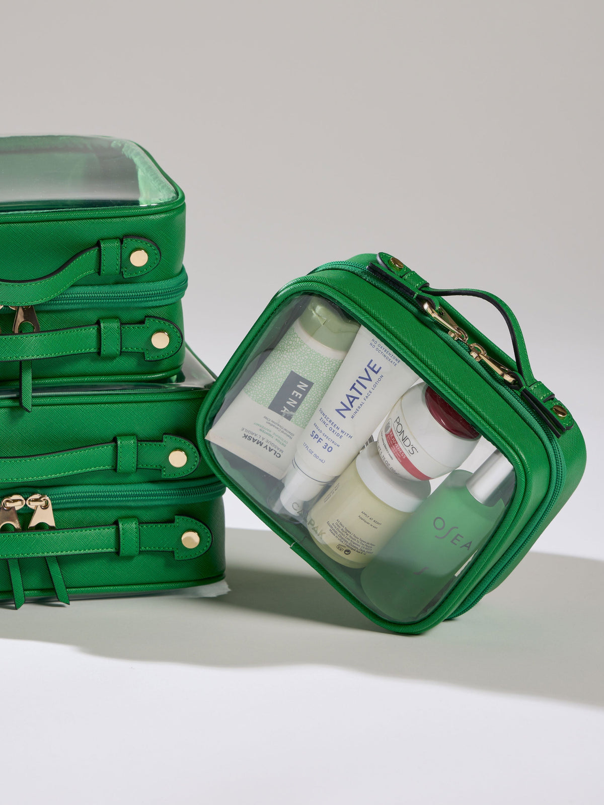 Green small clear cosmetic case for makeup and skincare items; CCM2001-GREEN-APPLE